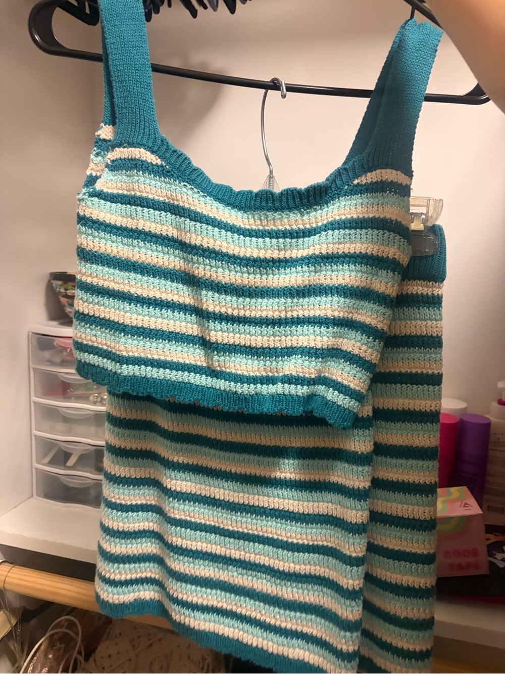wild fable Teal and Cream Striped Knit Tank & Skirt Set
